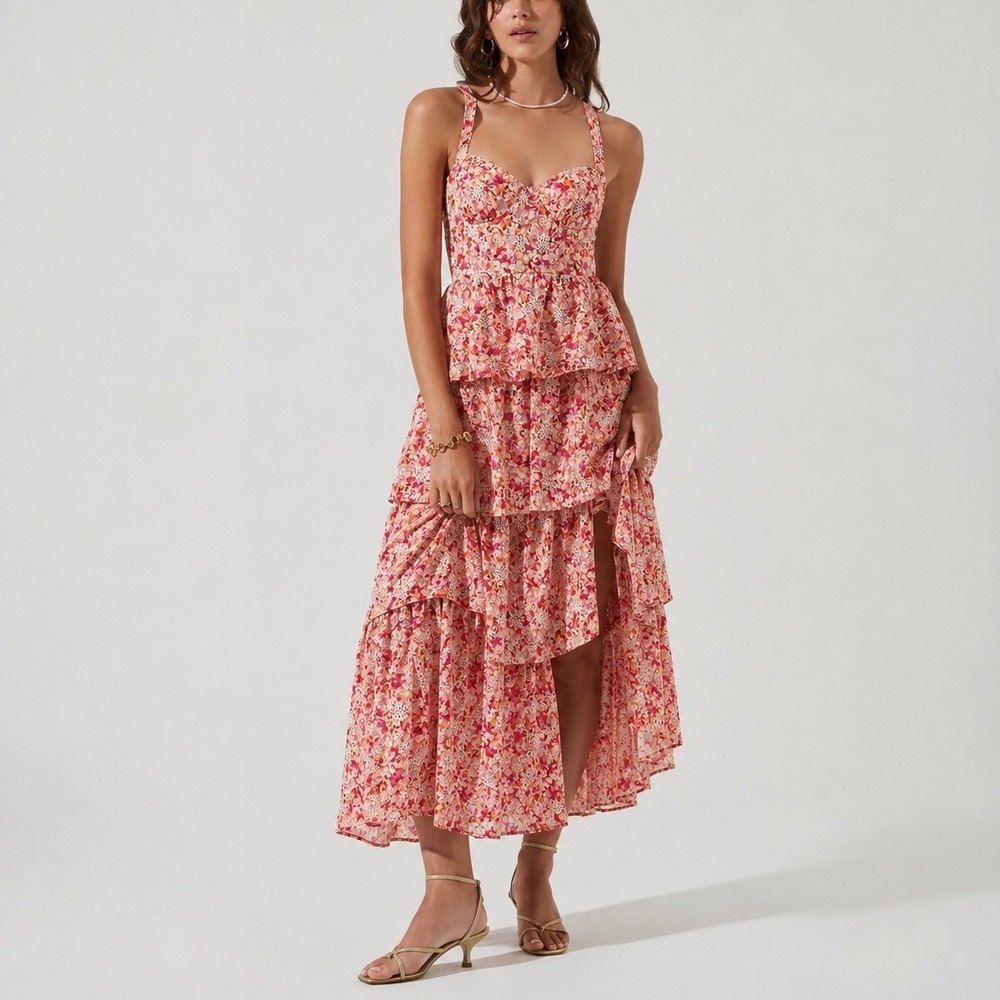 ASTR The Label Midsummer Dress S Pink Multi Floral Tiered Ruffle Cottagecore